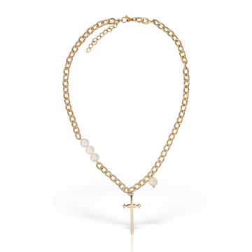 Colier Cross and Pearls, placat cu aur de 14K