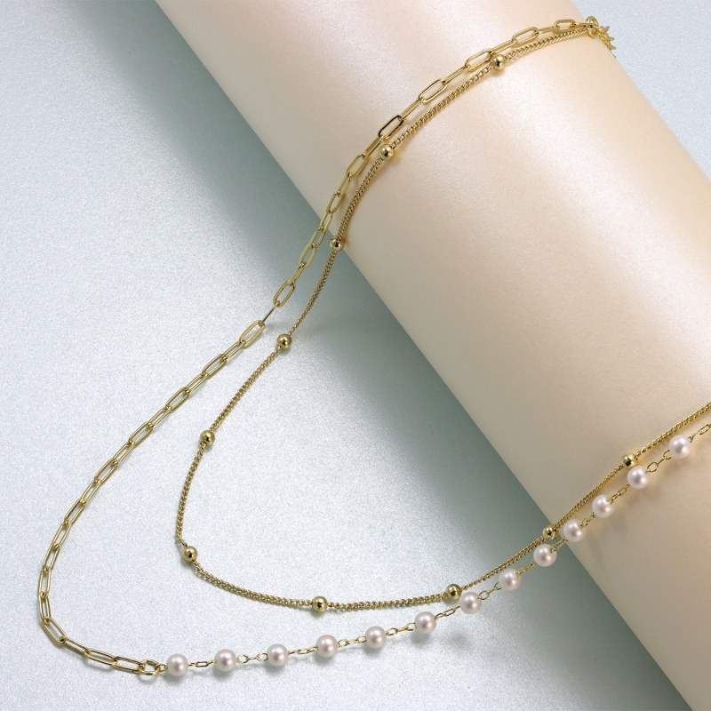 Colier lariat cu perle mother of pearl, placat cu aur de 14K, 36/40 + 5 cm