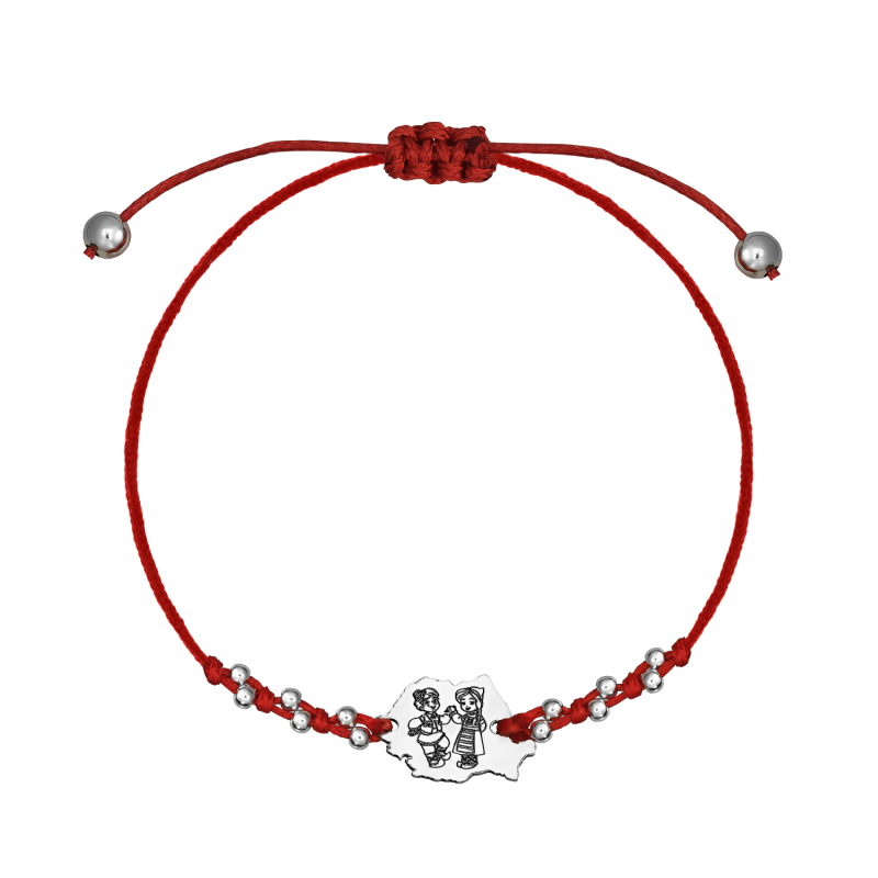 Bratara snur rosu cu margele, harta Romaniei - fata si baiat in costum traditional, argint 925